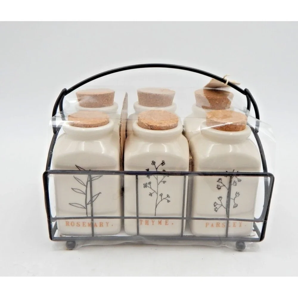 Rae Dunn By Magenta Spice Jars in Metal Holder 6 Jars Cork Stopper